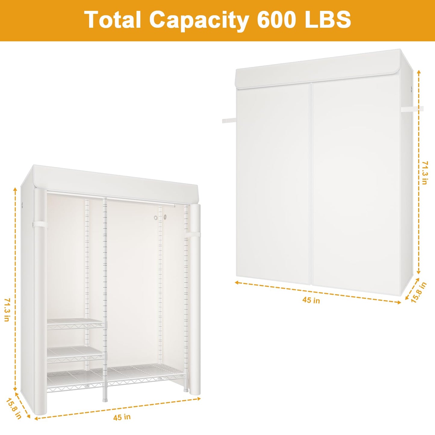 Ulif F4C Heavy Duty Clothes Rack with Dustproof Cover，Freestanding Clothing Racks for Hanging Clothes，Adjustable Closet Organizer System，Portable Garment Rack 45"W*15.8"D*71.3"H，Max Load 600LBS，White