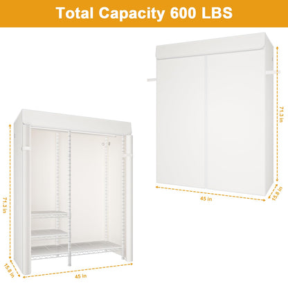 Ulif F4C Heavy Duty Clothes Rack with Dustproof Cover，Freestanding Clothing Racks for Hanging Clothes，Adjustable Closet Organizer System，Portable Garment Rack 45"W*15.8"D*71.3"H，Max Load 600LBS，White