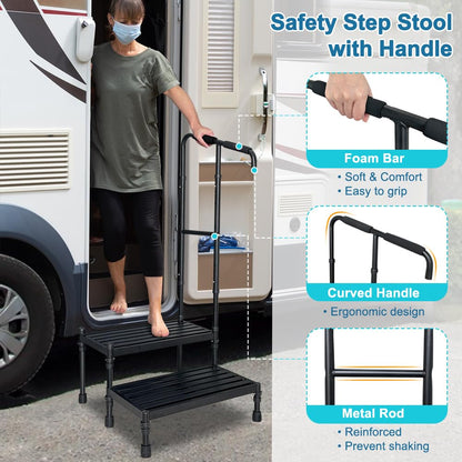 2 Step Stool with Handle for Elderly Seniors, Medical Safety Bedside Steps for High Beds Adults, Car RV Steps Platform with Handrail Heavy Duty Adjustable, Handicap Metal Stepping Stool Non Slip