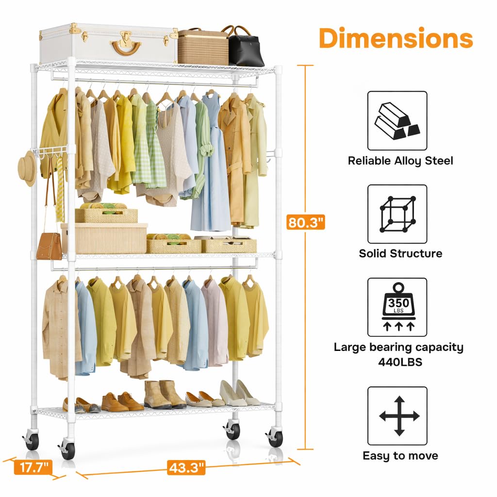 Simple Deluxe Rolling Clothes Rack, Heavy Duty Clothing Rack, 3-Shelf Portable Adjustable Wardrobe Closet with Wheels, Hanging Rods & Side Hooks, 43.3" W x 17.7" D x 80.3" H, White