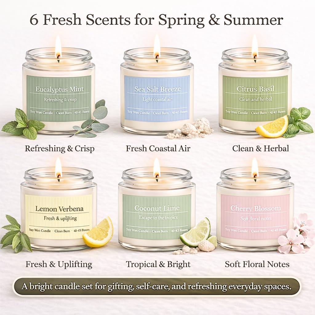 PELN Scented Candles for Women, Spring Summer 6 Pack Soy Wax Aromatherapy Candles, Lemon Verbena, Coconut Lime, Sea Salt Breeze, Citrus Basil, Eucalyptus Mint & Cherry Blossom