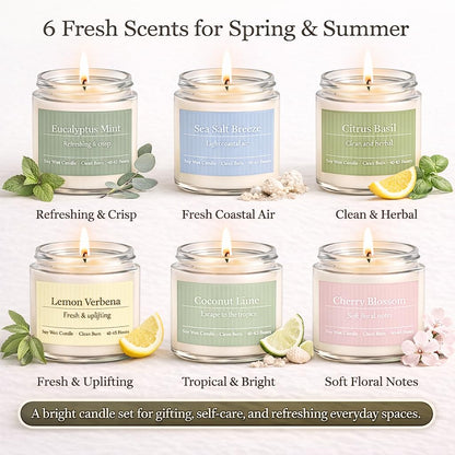 PELN Scented Candles for Women, Spring Summer 6 Pack Soy Wax Aromatherapy Candles, Lemon Verbena, Coconut Lime, Sea Salt Breeze, Citrus Basil, Eucalyptus Mint & Cherry Blossom