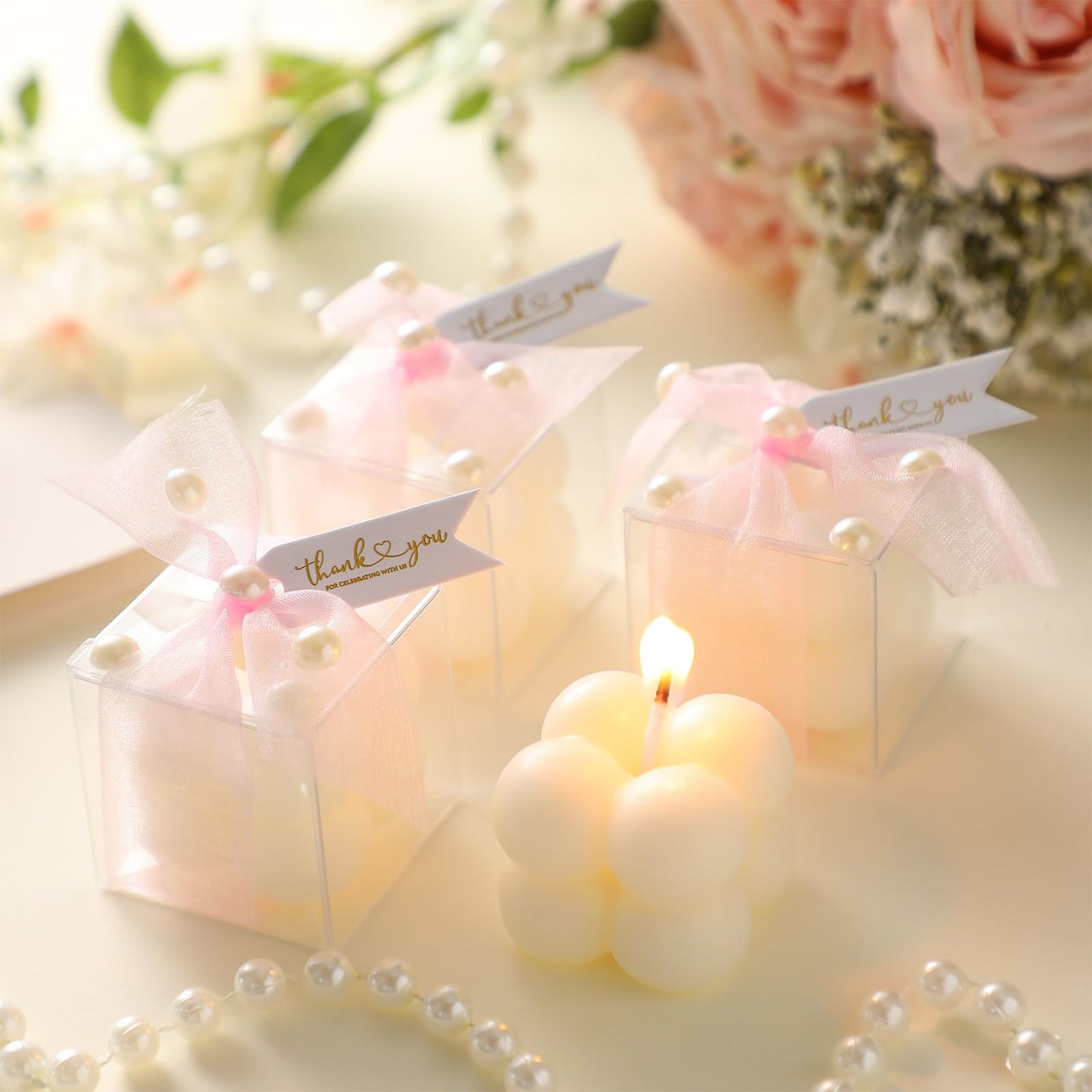 Nuanchu 30 Sets Bridal Shower Favors Pink 1.6" Mini Bubble Candles Wedding Favors Gifts for Guests Aesthetic Bubble Candles Baby Shower Favor with Thank You Card Ribbon for DIY Baptism Gift
