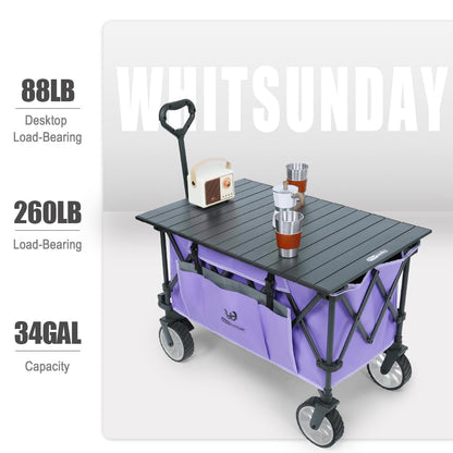 Whitsunday Folding Collapsible Utility Wagon, 400Lbs Heavy Duty Outdoor Park Beach Wagon with Table and Side Pocket for Garden Camping Sports Shopping Purple