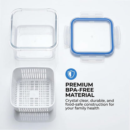 Skiennix 4-in-1 Large Fruit Storage Container - Leakproof Produce Keeper with Removable Colander | BPA-Free & Microwave Safe (Blue, S)