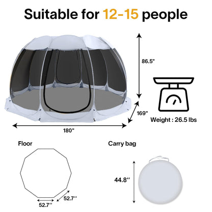 Alvantor 15'x15' Pop Up Screen House Tent, Instant Outdoor Gazebo with Mosquito Netting & UPF 50+ Sun Protection, Portable Canopy Shelter for Patio, Backyard, Camping (12-15 Person),Grey