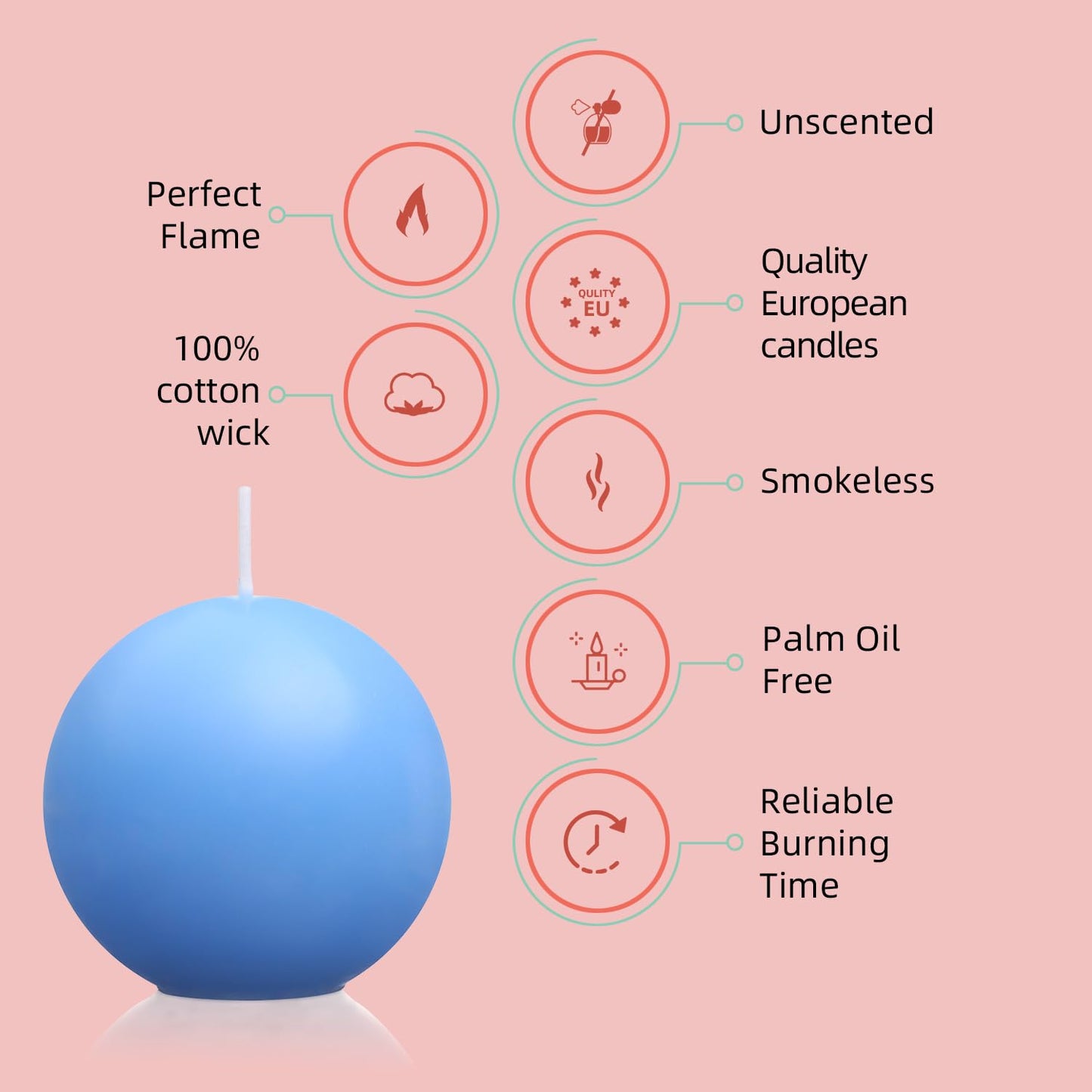 Ball Pillar Candles Set of 3 Blue 3Inch Unscented Handpoured Weddings, Home Decoration(75 Hour)