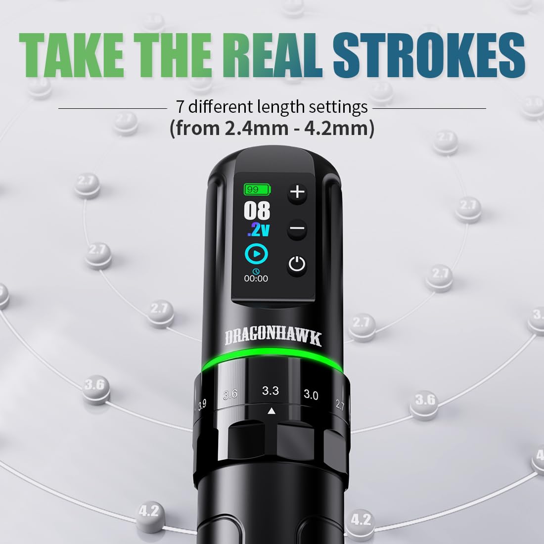 Dragonhawk L3 Wireless Tattoo Kit, Complete Tattoo Gun Kit for Beginners, Adjustable 7 Stroke Tattoo Pen Machine 2.4-4.2mm, Mcore Motor, RCA Corded Backup, Dual 2000mAh Batteries, Tattoo Supplies Set