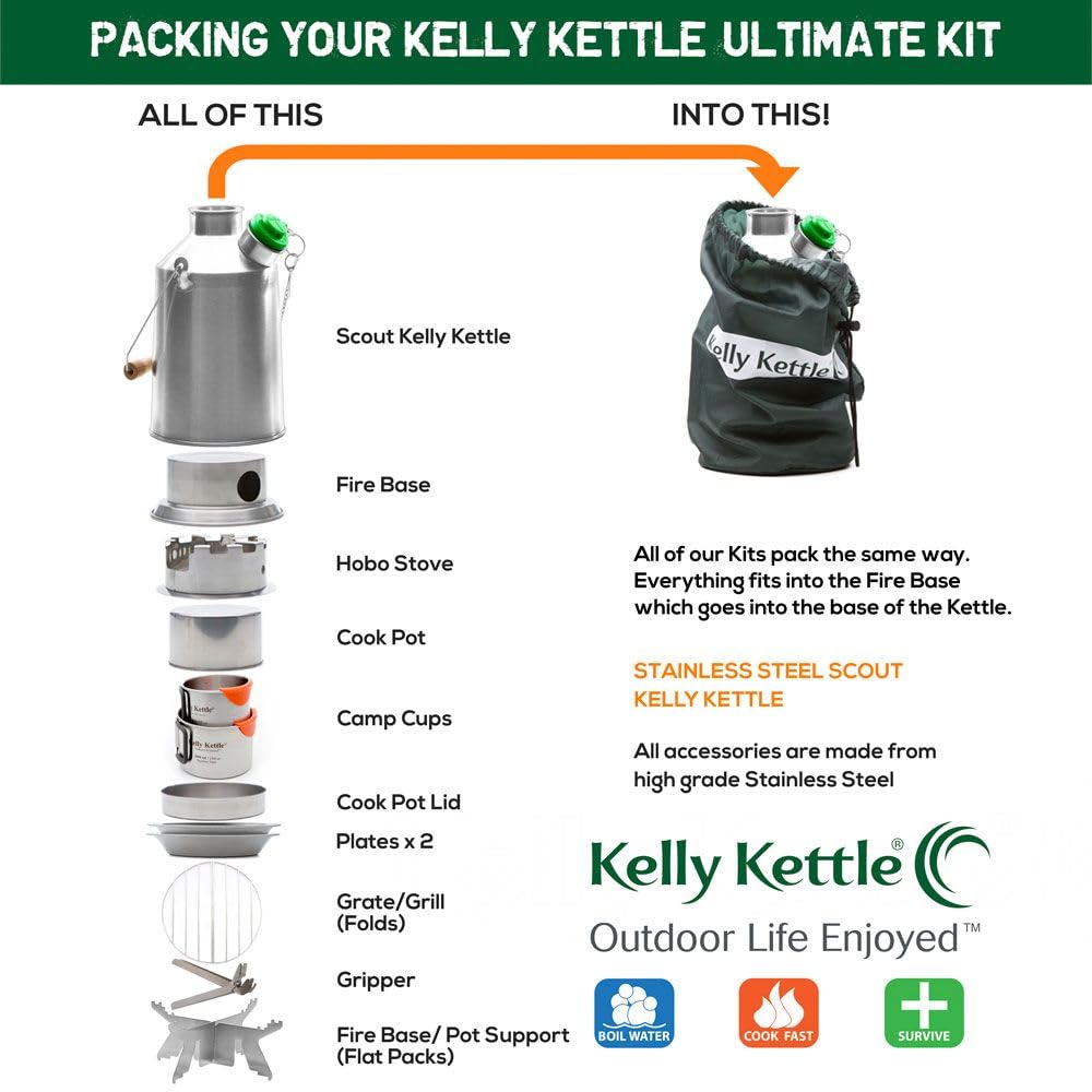 Kelly Kettle® Ultimate 'Scout' Kit VALUE DEAL | 41oz Steel Camp Kettle, Cook Set, Hobo Stove, Cups, Plates, Base Support | Use Sticks to Boil & Cook Fast | Camping, Fishing, Picnics, Emergencies