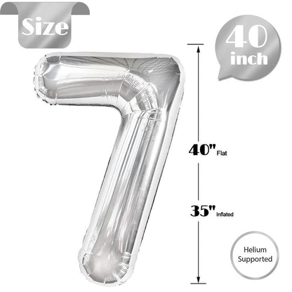 Silver Number 7 Balloon 40 Inch, 7th Birthday Party Decorations for Children, Giant 7 Foil Balloon for Party Supplies