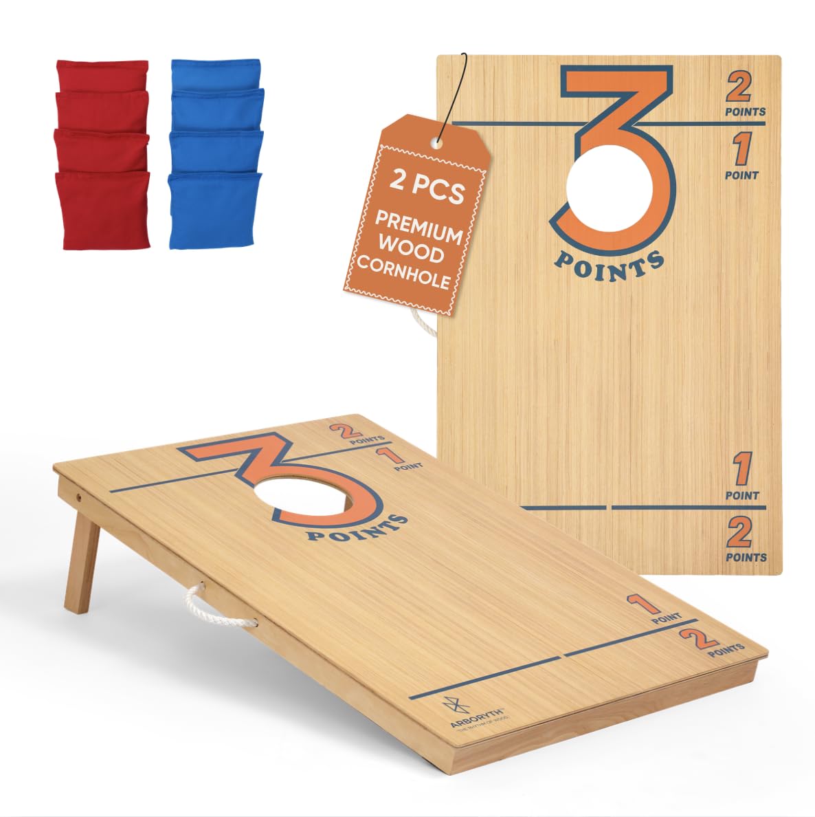 ARBORYTH Tailgate 3x2 FT Cornhole Board Set for Adults, Premium Wooden Bean Bag Toss Game with 8 All-Weather Bean Bags, Integrated Bean Bag Storage, Foldable Legs Outdoor Game - Natural