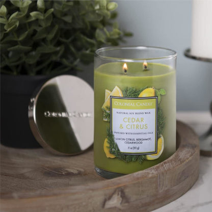 Colonial Candle Cedar & Citrus Scented Jar Candle, Classic Cylinders Collection, 2 Wick, Green, 11 oz - Up to 80 Hours Burn