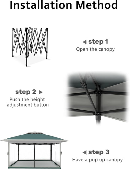 13x13 FT Pop-Up Gazebo with Mosquito Netting and UV-Resistant Outdoor,Canopy Tent with Mosquito Netting,Outdoor Patio for Party,Wedding,Dining,Dark Army Green + Gray