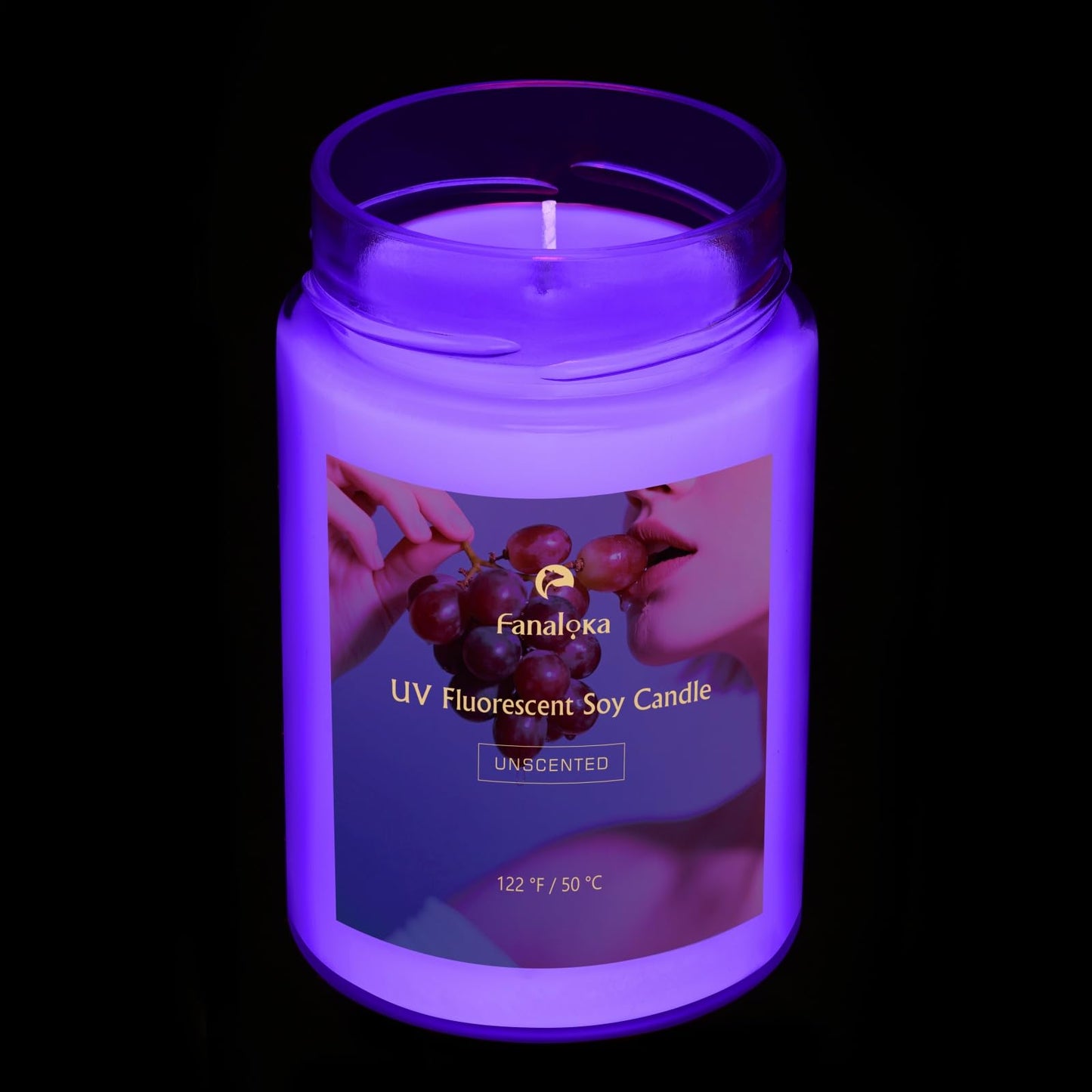 UV Fluorescent Soy Wax Low Temperature Candles, Low Heat Body Safe Candle for Night Party, Unscented, 122 °F, 11 oz, Peelable Wax (Purple)