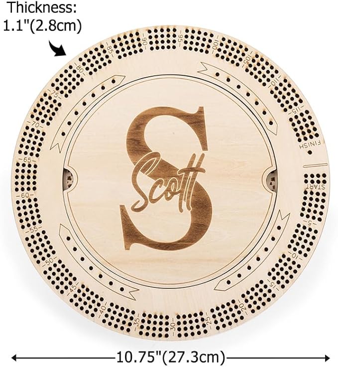 Personalized Wooden Cribbage Board Set Custom Engraved 4 Tracks Design with Name Includes 16 Metal Pegs and Deck of Cards Birthday Gift for Cribbage Lovers (Round)