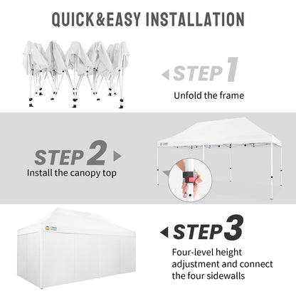 CROWN SHADES 10x20 Pop Up Canopy Tent, Thicken Frame Commercial Heavy Duty Tent, 4 Sidewalls 8 Stakes & 4 Sandbags & 4 Ropes, Outdoor Canopies for Events, Parties,White