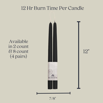 Bluecorn Beeswax Taper Candles, 100% Pure Natural Bees Wax, Pair of 12 Inch Black Tapered Candlesticks, Clean Burning & Dripless, Fragrance Free, Long Lasting, Home Decor, American Made, 1 Count