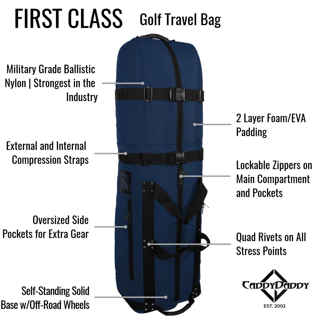 CaddyDaddy First Class Military Grade Ballistic Nylon Travel Cover with EVA Dense Foam Top Padding 2 Year Full Replacement Coverage Self Standing Base XL Wheels Case for Transporting Clubs on Airlines