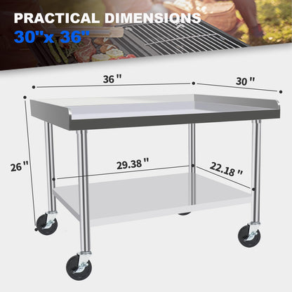 KUGEIGO Commercial-Grade Stainless Steel Workstation Table with Under Shelf & Lockable Casters (30"x36"x26")