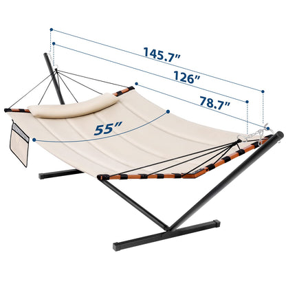TegerDeger 12FT 2 Person Hammock with Stand Included 55 x 79IN Large Hammock 450LB Capacity with Hardwood Spreader Bar & Nylon Rope for Outside, Patio, Garden, Backyard, Beach, Poolside - Beige