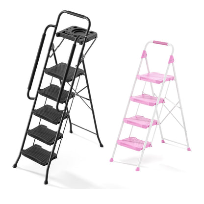 KINGRACK 5-Step Ladder with Tool Platform, 4-Step Pink Ladder, Sturdy and Foldable Step Stool for Home Garage Office