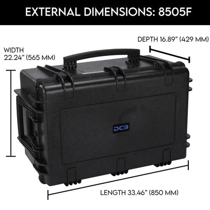 DCB Cases - Element 8505F | 34 x 22 x 17 Ext Dim | Waterproof | Pluck Foam Insert | Telescoping Handle | Rubberized Grips | Resin-Reinforced Injection Molded Plastic | 7 Latch Lid Close | Wheels