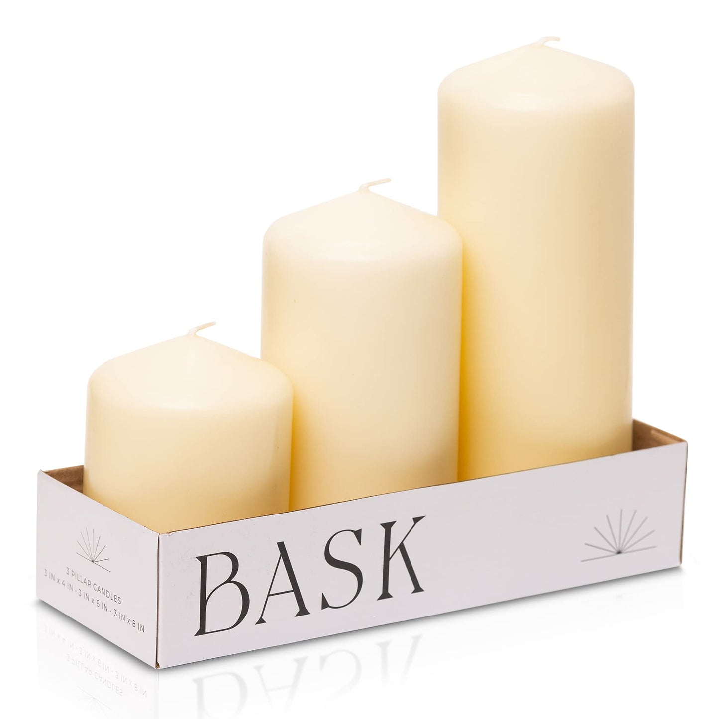 Bask Cone Top Pillar Candles - Elegant Ivory Candles - Set of 3 Ivory Pillar Candles - 3"x4", 3"x6", and 3" x8 - Smokeless and Dripless Decorative Candles for Home Decor and Relaxation