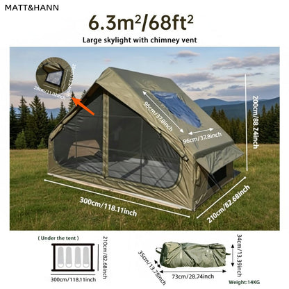 Quick Setup Inflatable Tent with Skylight for 4-6 Person, Waterproof Oxford Air Glamping Tents Breathable Mosquito-Proof Screens (Green 6.3㎡ Inflatable Tent (with Chimney Port), Green)