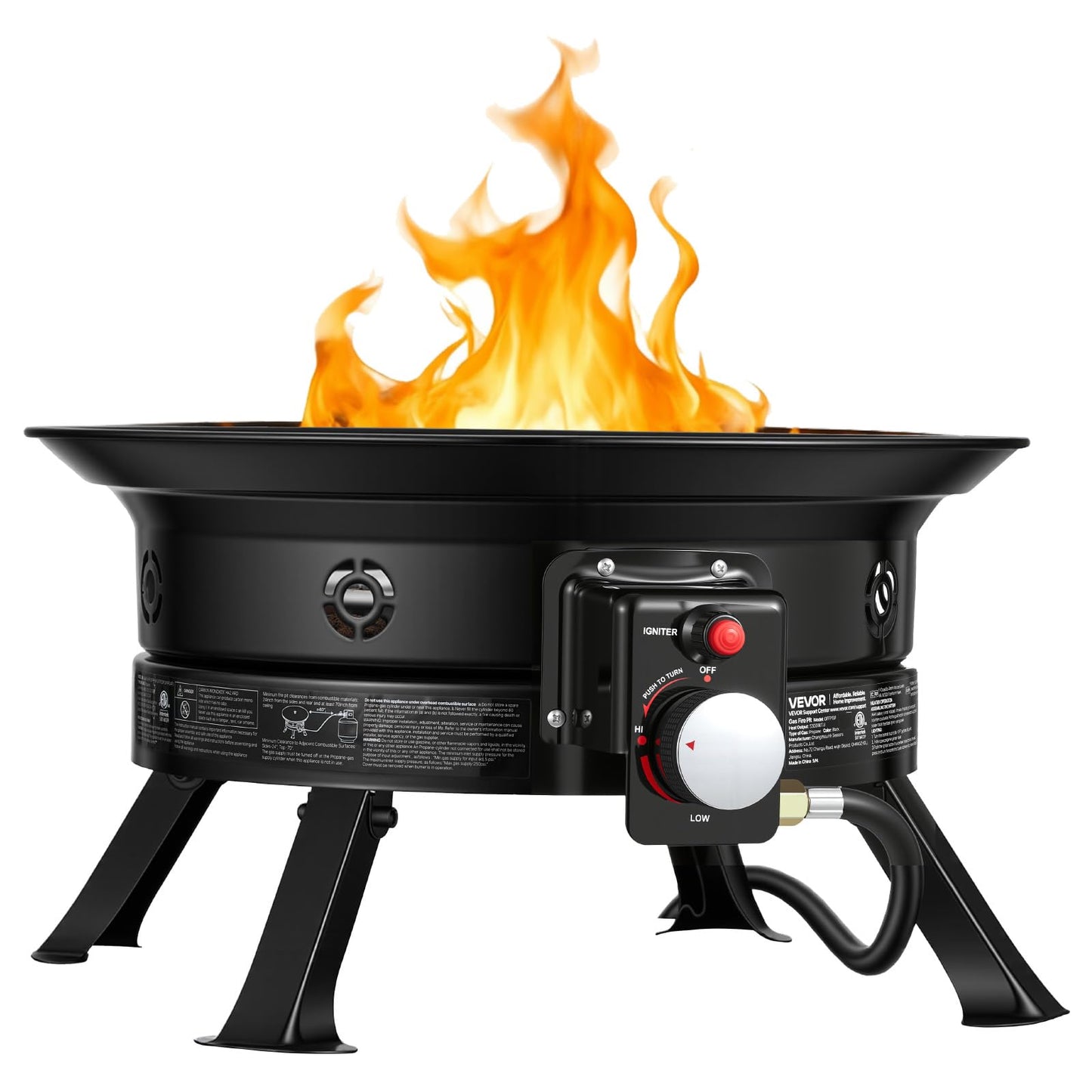 VEVOR Propane Fire Pit 24-Inch, 53,000 BTU Portable Gas Fire Pit, with Grill Grate & Lava Rocks, Adjustable Flame, Folding Legs,Smokeless Outdoor Firebowl for Camping, Patio, Backyard, Deck, RV, Black