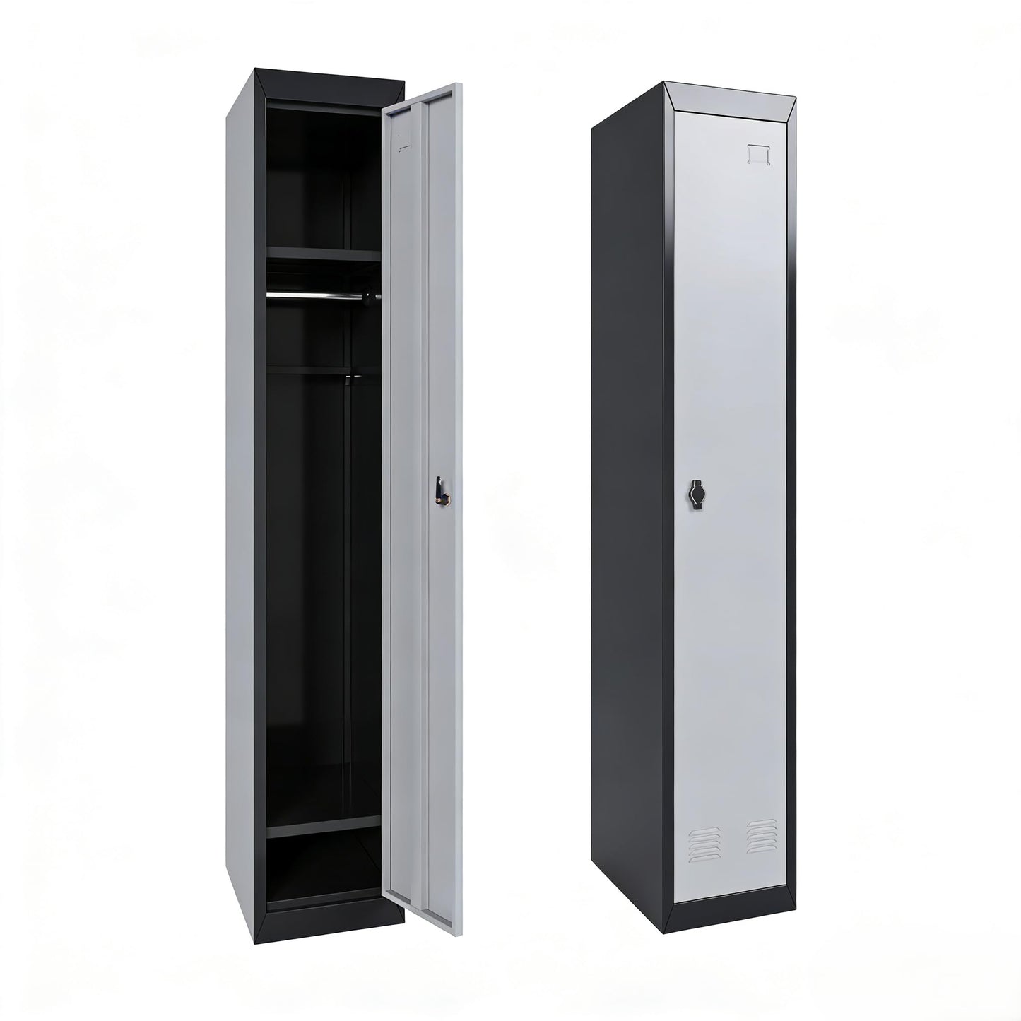 Narrow Metal Locker, 72 Inch Metals Broom Storage Cabinet with Shelves, Lockable Cabinets Doors & Keys Tall Brooms Suitable for School, Office, Home, Staff and Students Storage(Black & Grey)