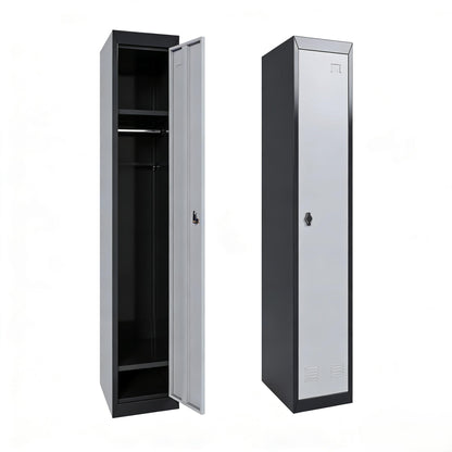 Narrow Metal Locker, 72 Inch Metals Broom Storage Cabinet with Shelves, Lockable Cabinets Doors & Keys Tall Brooms Suitable for School, Office, Home, Staff and Students Storage(Black & Grey)