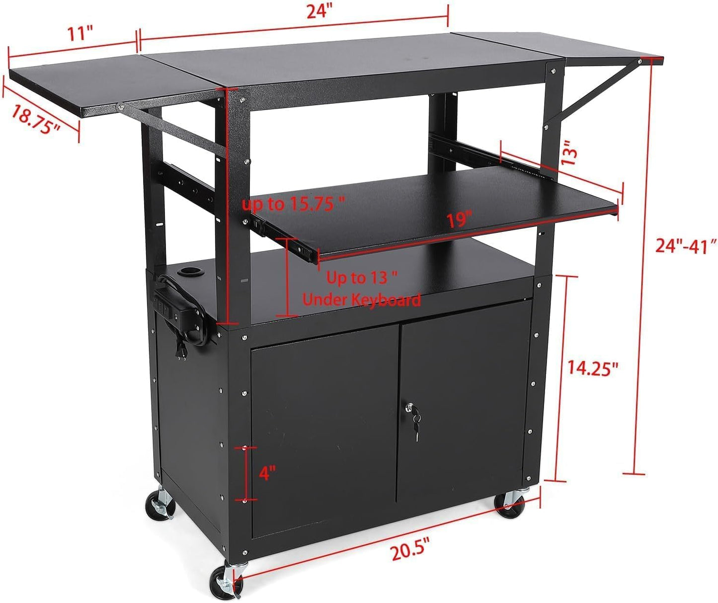 Adjustable Height AV Media Cart, 24-42 Inch Mobile Stand with Locking Storage, Extended Tray Organizer, Cable Management Wheels, for Home Office School