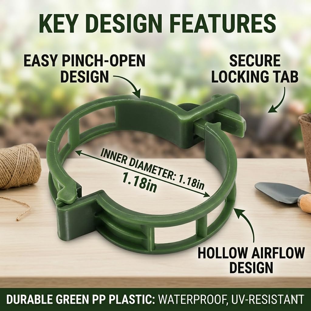 Skiennix Plant Support Clips - 50 Reusable Plastic Garden Clips for Climbing Plants | Green