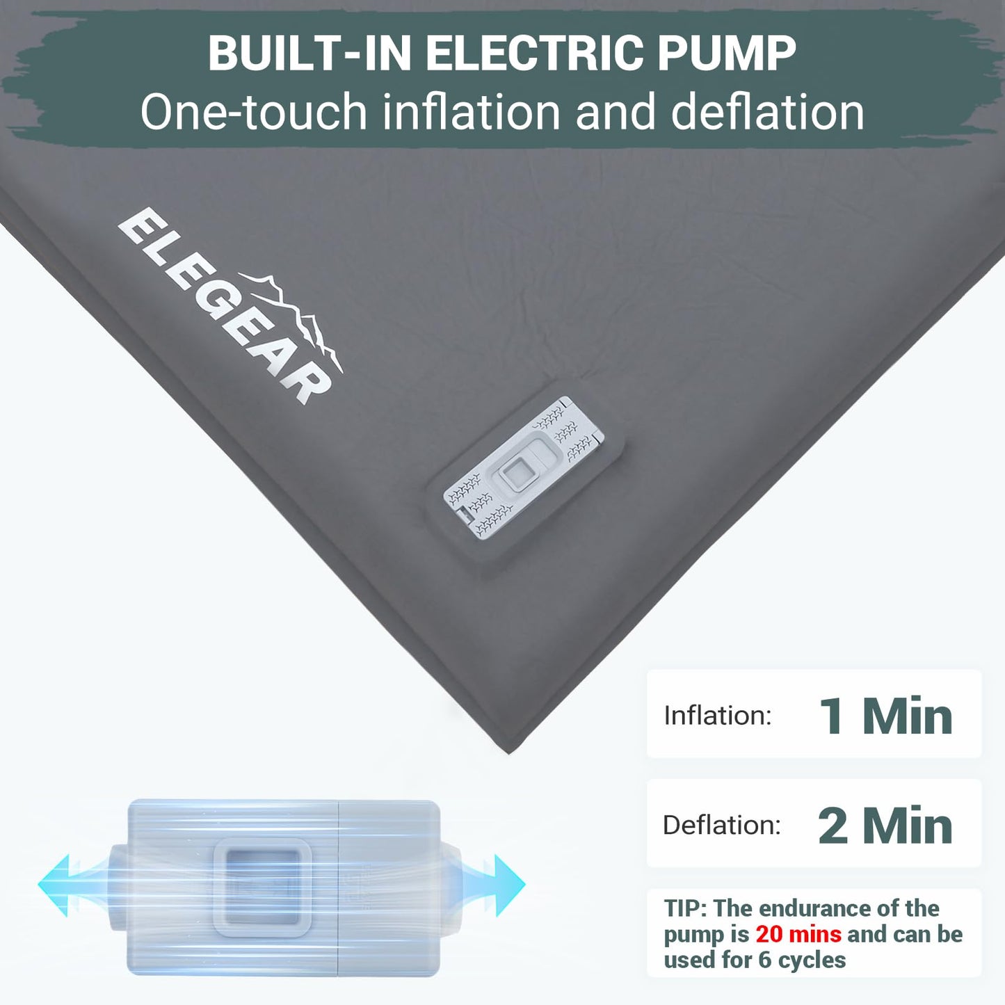 Elegear CumbreX™ Self Inflating Sleeping Pad, Built-in Electric Pump 3.15" Ultra-Thick Memory Foam Camping Mattress Pad with Pillow Double Sleeping Pad for Camping R-value 9.5 Foam Camp Pad for Travel
