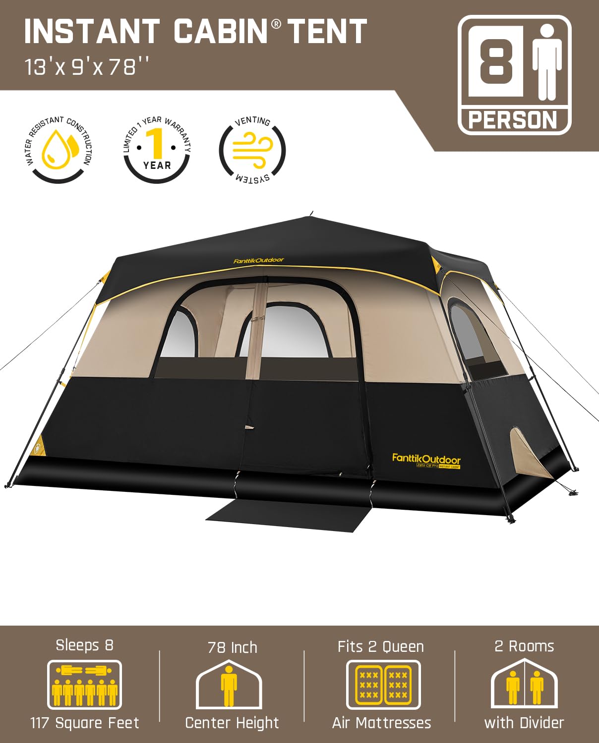 FanttikOutdoor Zeta C8 Pro Camping Tent 8 Person Instant Cabin Tent Setup in 60 Seconds with Rainfly & Windproof Portable with Carry Bag for Family Camping & Hiking, Khaki