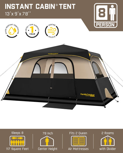 FanttikOutdoor Zeta C8 Pro Camping Tent 8 Person Instant Cabin Tent Setup in 60 Seconds with Rainfly & Windproof Portable with Carry Bag for Family Camping & Hiking, Khaki