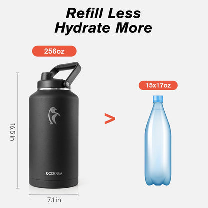Coolflask Titan 2 Gallon Insulated Water Bottle, 256 oz Large Water Jug Stainless Steel with Leakproof Handle Spout Lid & Sleeve, Wide Mouth Metal Flask for Camping or Work, Magic Black
