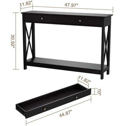 Treocho 47" Farmhouse Console Table with Drawer and Storage Shelves, Foyer Sofa Table Narrow for Entryway, Living Room, Hallway, Black