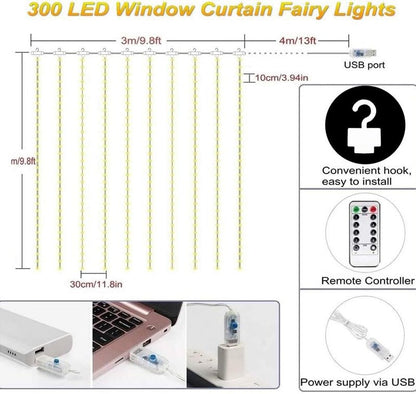 Curtain Lights, String Lights Bedroom, 300 LED 9.8x9.8Ft Twinkle String Light Decorations for Window Wedding Bedroom Wall Party Backdrop, Cute Home Indoor Outdoor Decor String Light Remote Control