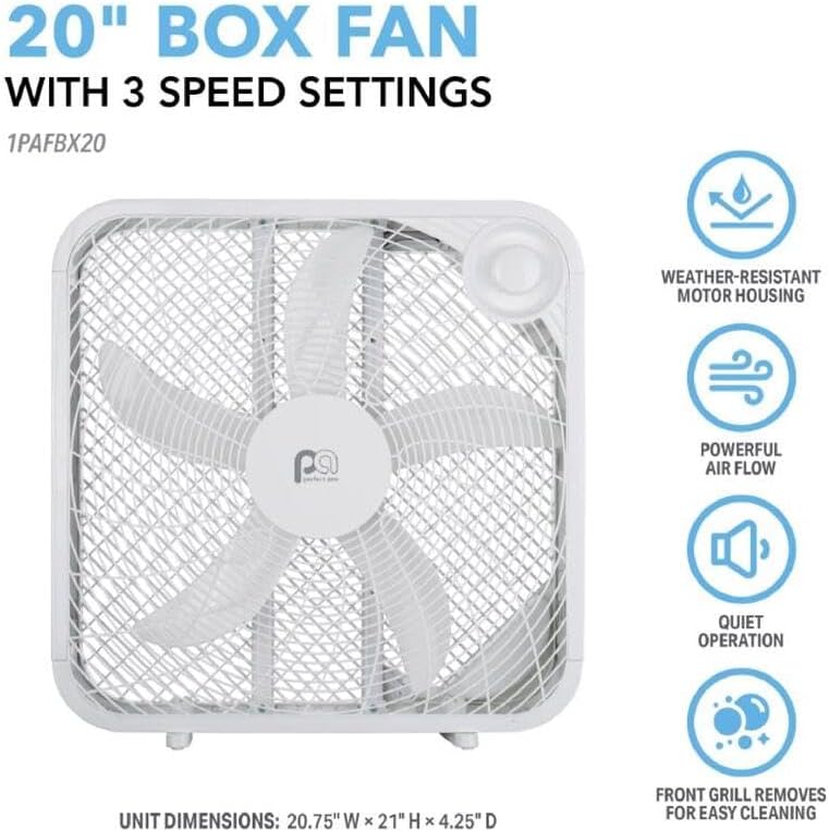 PerfectAire 20-Inch High-Performance 3-Speed Box Fan - Ideal for Home Cooling & Air Circulation