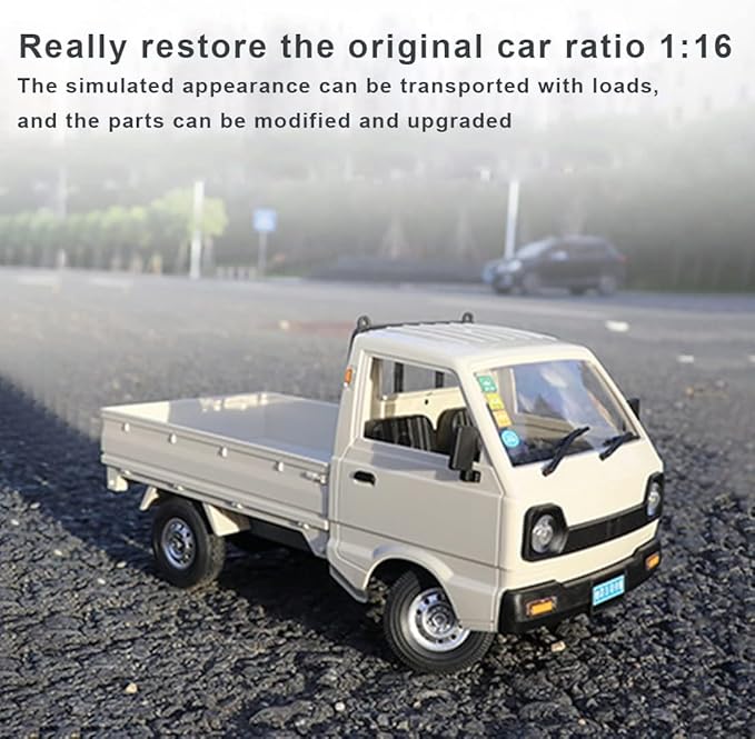 WPL D12 Mini RC Truck for Adults 1/16 Scale 20km/h 2.4G 4CH Remote Control Crawler High-Speed Climbing Truck with LED Lights Cargo Drift Car - RTR / 2 Batteries