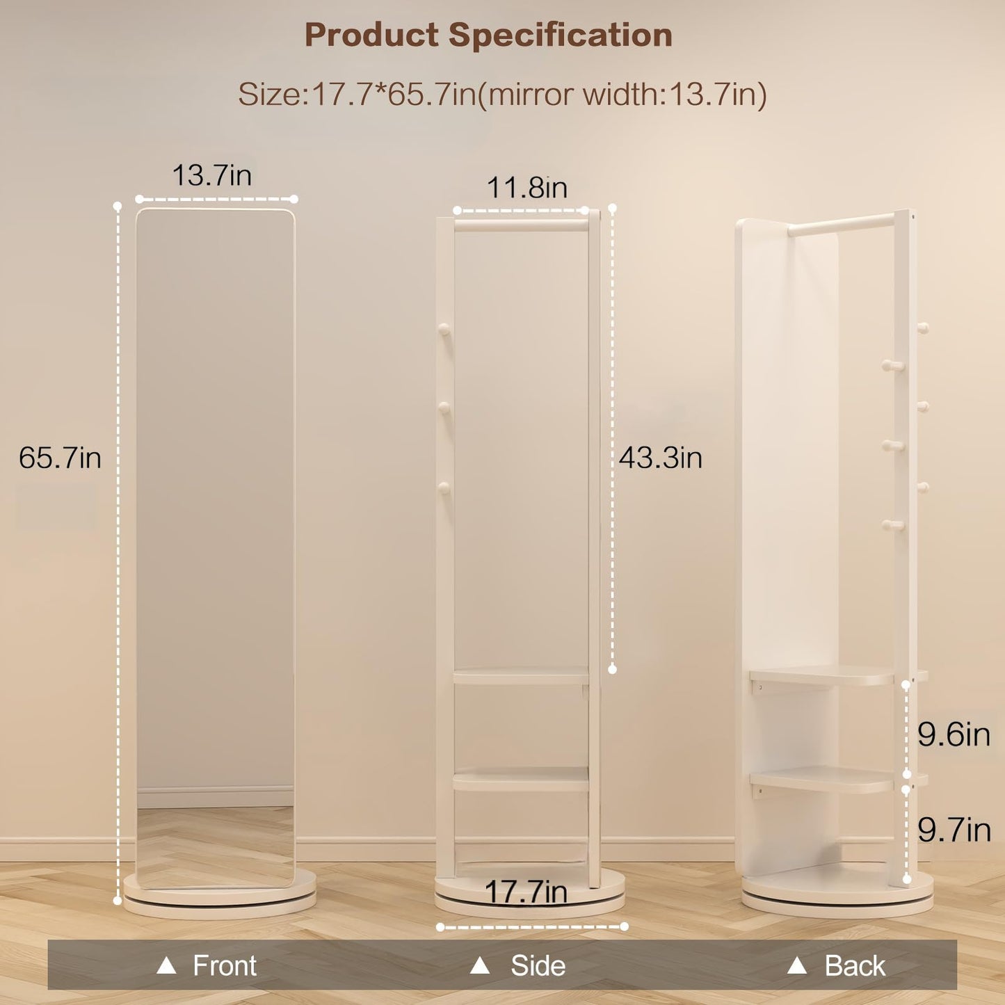 KEIKI Full Length Mirror with Cloak Rack, 66"x18" Rotatable Rubber Wood Full Body Floor Mirror for Bedroom, Living Room & Dressing Room – White