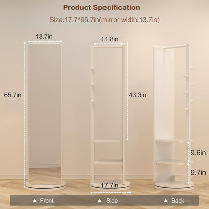 KEIKI Full Length Mirror with Cloak Rack, 66"x18" Rotatable Rubber Wood Full Body Floor Mirror for Bedroom, Living Room & Dressing Room – White