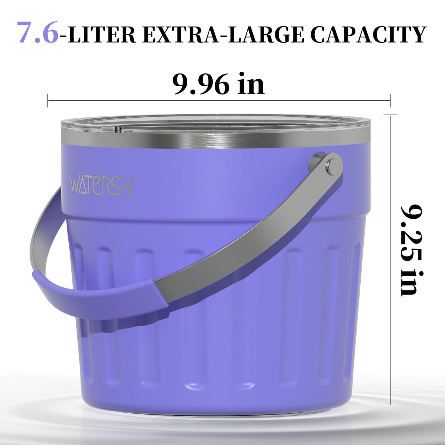 WATERSY Insulated Ice Bucket（8 Quart / 7.6 L） with Lid, Scoop, Ice Tong，Wall Vacuum Stainless Steel, Purple