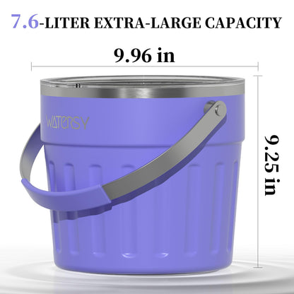 WATERSY Insulated Ice Bucket（8 Quart / 7.6 L） with Lid, Scoop, Ice Tong，Wall Vacuum Stainless Steel, Purple