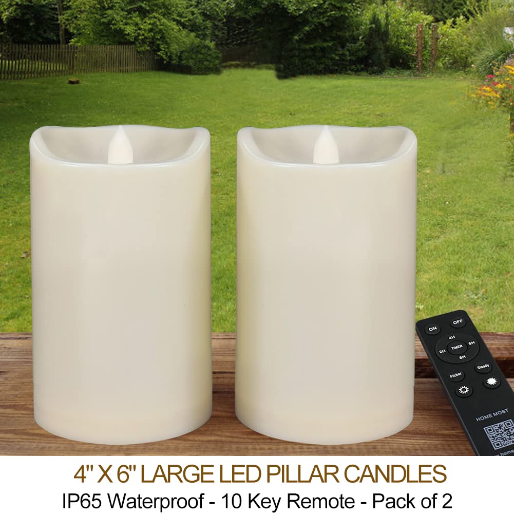 HOME MOST Pack of 2 Ivory LED Pillar Candles Outdoor IP65 Waterproof 4x6 - Large Pillar Candles Battery Powered with Timer and Remote - Oblique Edge Unscented Outdoor Flameless Candles Flickering