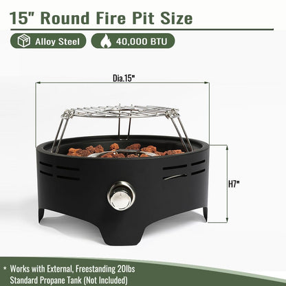 15 Inch Propane Tabletop Fire Pit 40000 BTU Portable Gas Fire Pit with Lava Rocks Round Steel Fire Bowl for Outdoor Patio Balcony Garden, Black