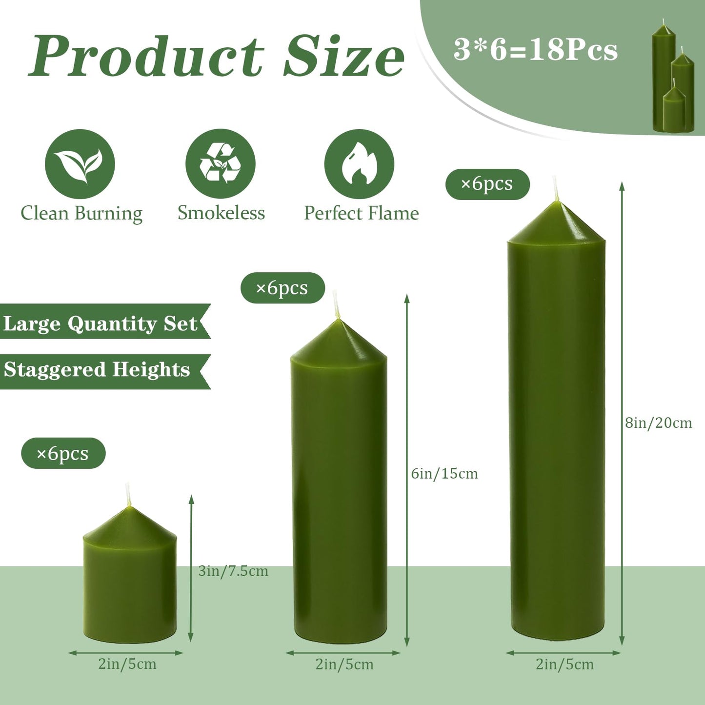 Veiuwa 18 Pcs Green Pillar Candles Bulk Set，Hurricane Candles，3 Different Lengths (6 Each)，Dripless Unscented Smokeless，Gives You a Better Atmosphere When Organizing Wedding or Event Party.