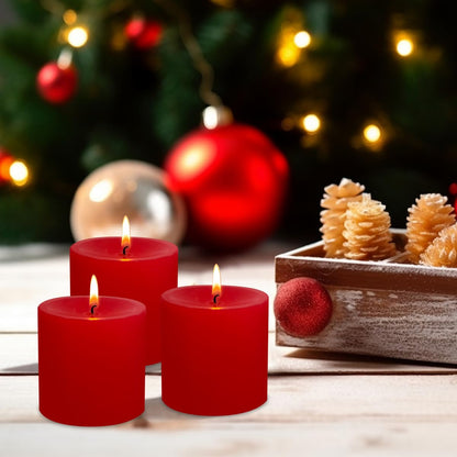 3" x 3" Hand-Poured Unscented Red Candle, Dripless Pillar Candle Set of 3, Long Clean Burning, Approx 40 Hours Burn Time, Rustic Country Style, Christmas, Wedding, Dinner and Home Decor