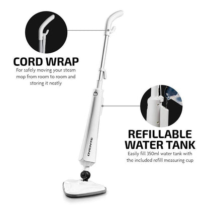 OVENTE Electric Steam Mop Cleaner, 1300W Floor Steamer with Swivel Head, Refillable Water Tank and Washable Microfiber Pad for Cleaning Carpet, Hardwood, Laminate Floor, Tiles and Grout, White ST405W